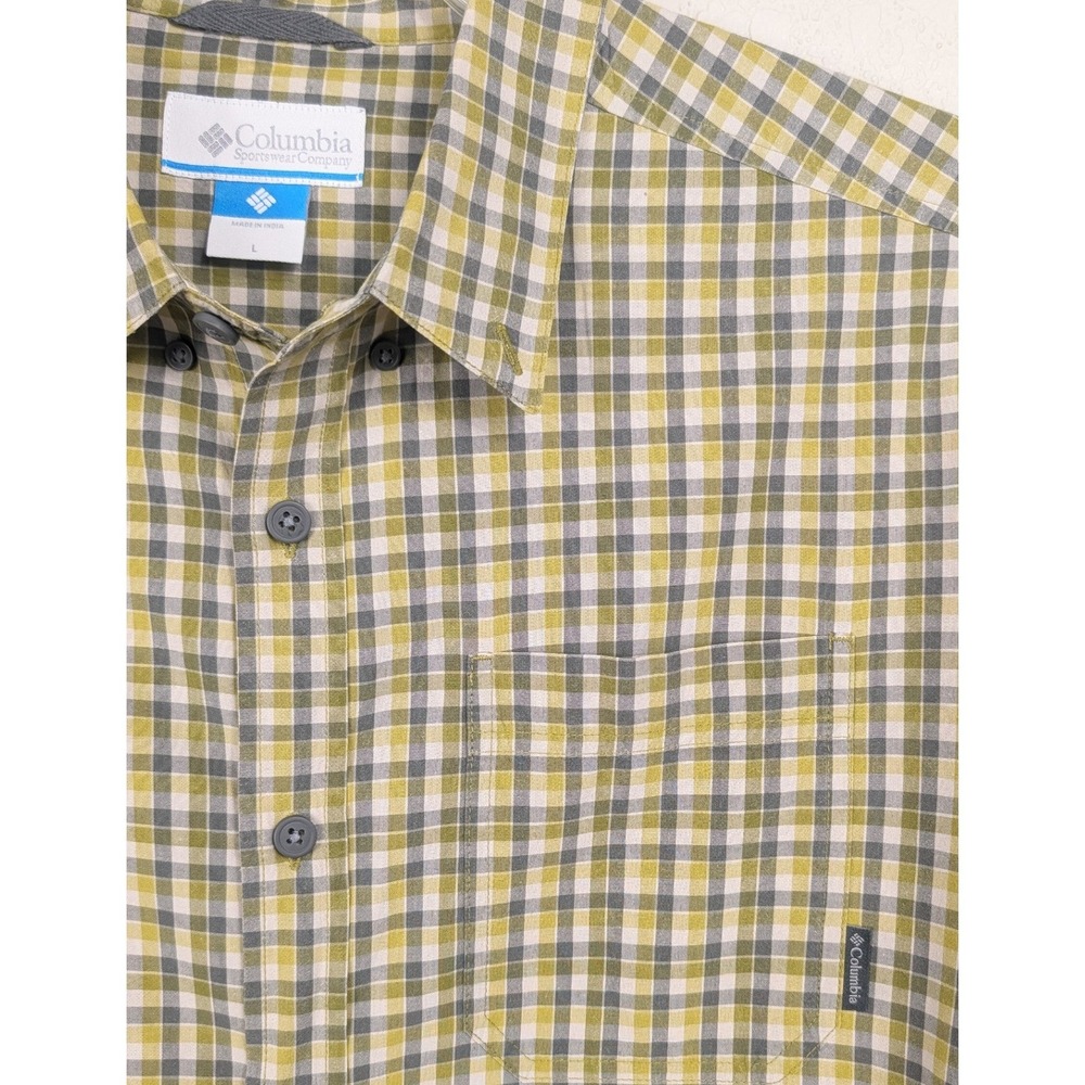 Columbia Button Down Shirt Mens L Green Gray Plaid Long Sleeve Cotton Checked